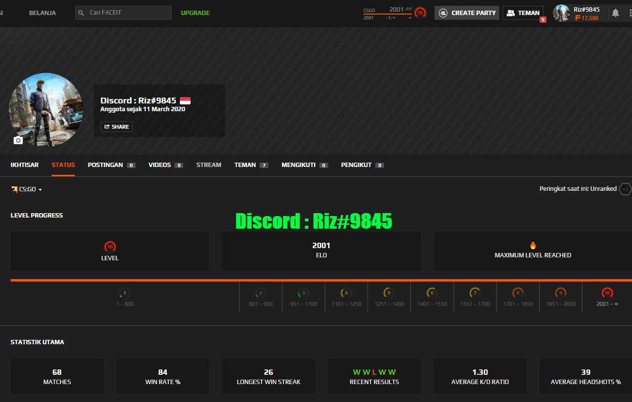 Selling Faceit Account Level 10 01 Elo 17 500 Faceit Points 41 5 Epicnpc Marketplace