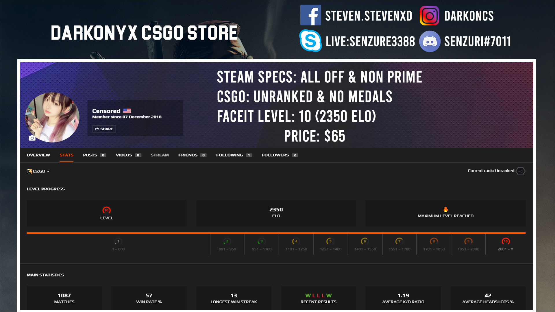 SOLD (Verified ️) Faceit Level 10 (2350 Elo + Prime Request) Price