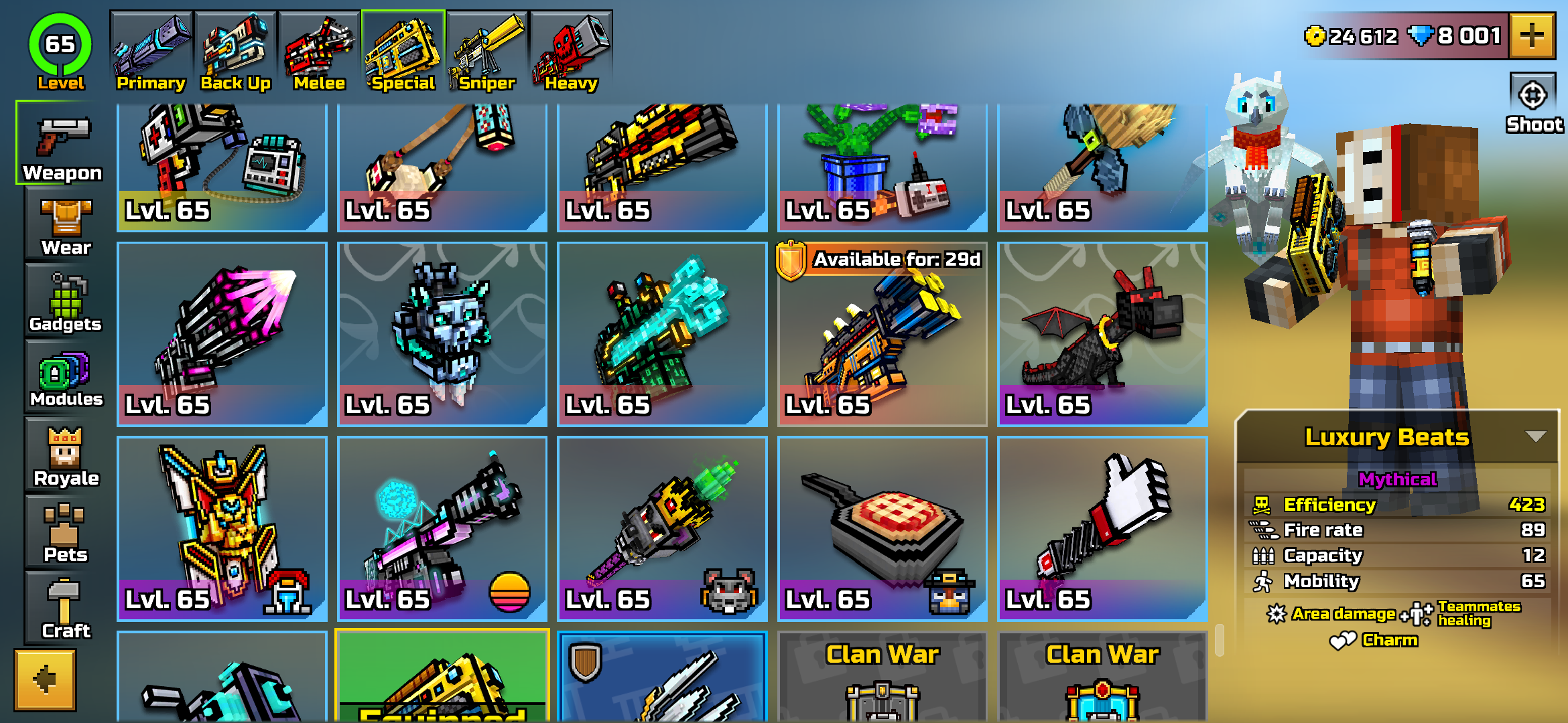 Selling PG3D lvl 65 account, many weapons and lots of currency