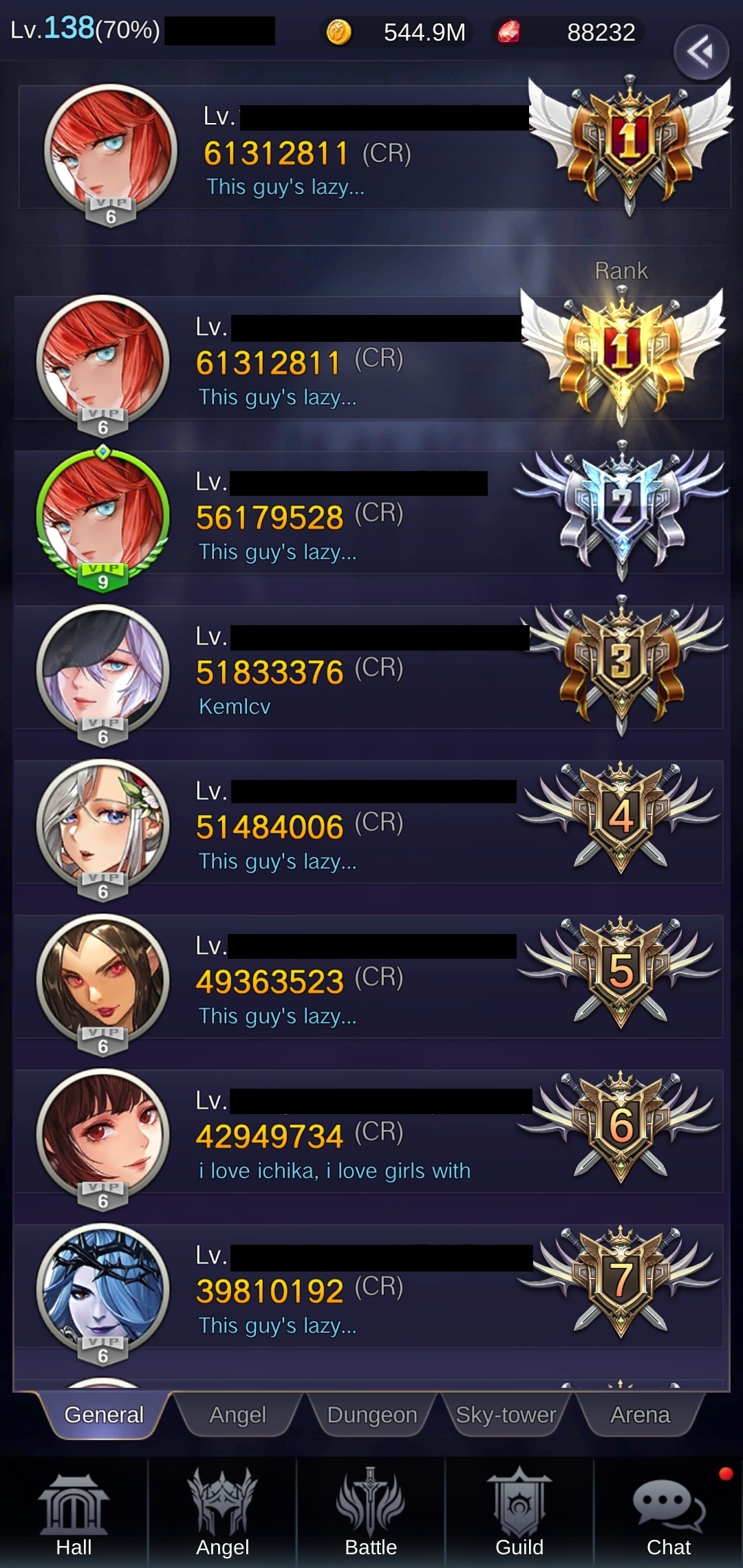 SOLD Idle Angels Top Tier End Game Account, top 1 Arena, top 1