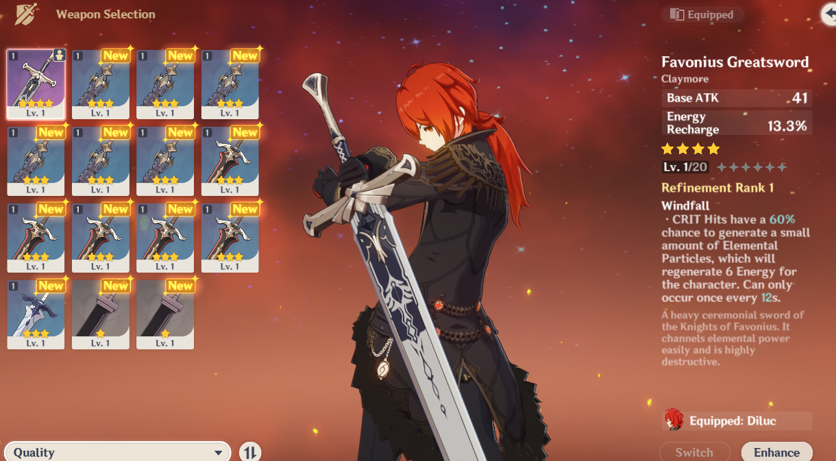SOLD Na AR7 Diluc Male character + diluc sword level 4