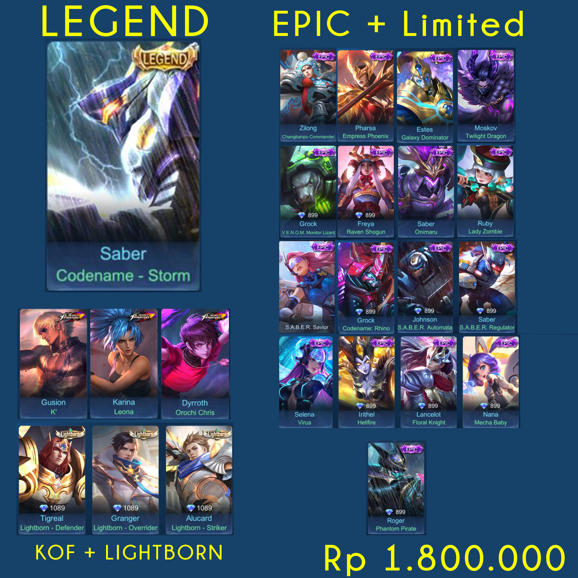 Sold 1 Legend 3 Kof 16 Epic Limited 3 Lighborn 0 Total Skin 99 Epicnpc Marketplace