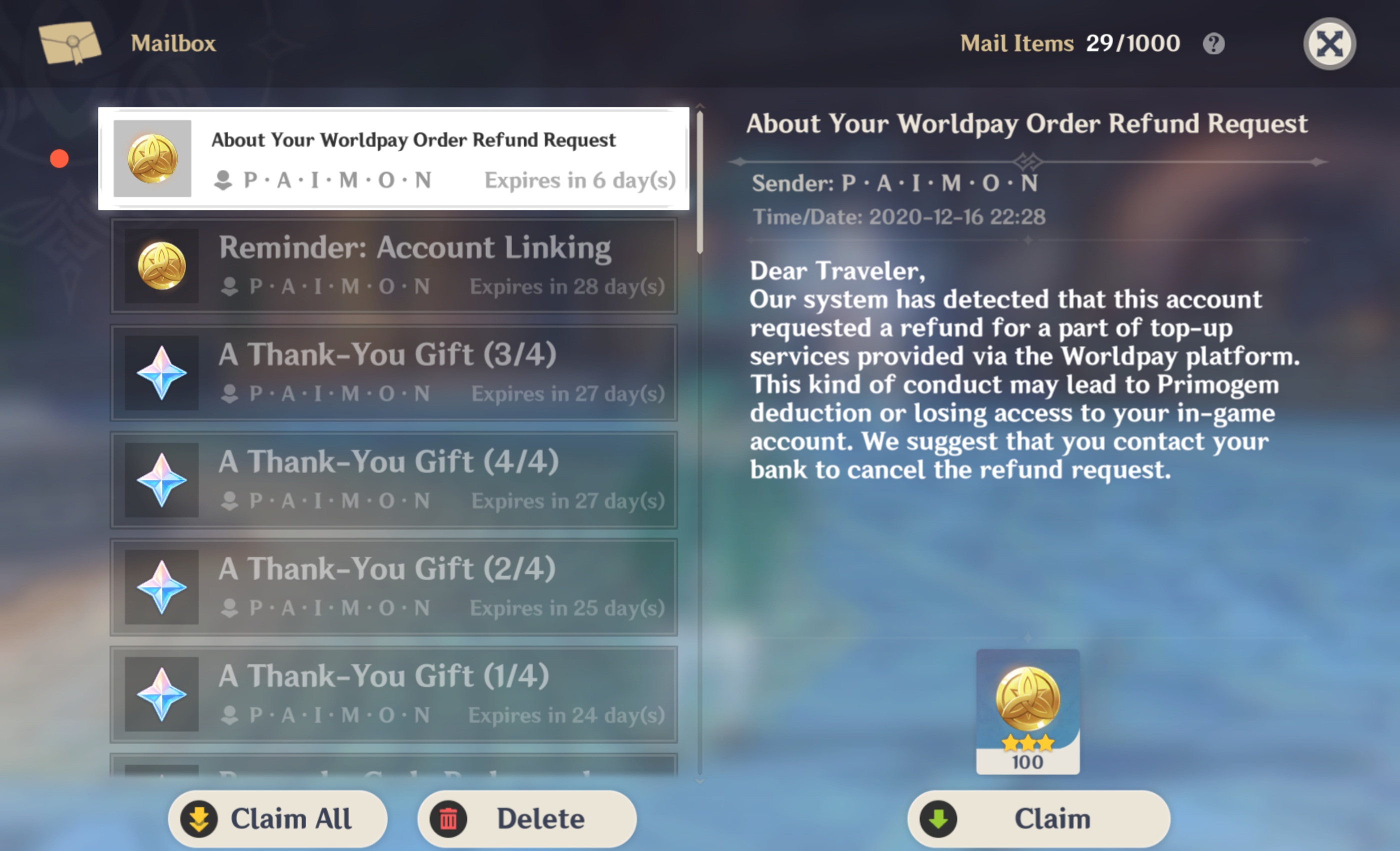 Genshin Impact Refunded Currency Account Will Get Banned On 2 3 18 00 Utc 8 Epicnpc Marketplace