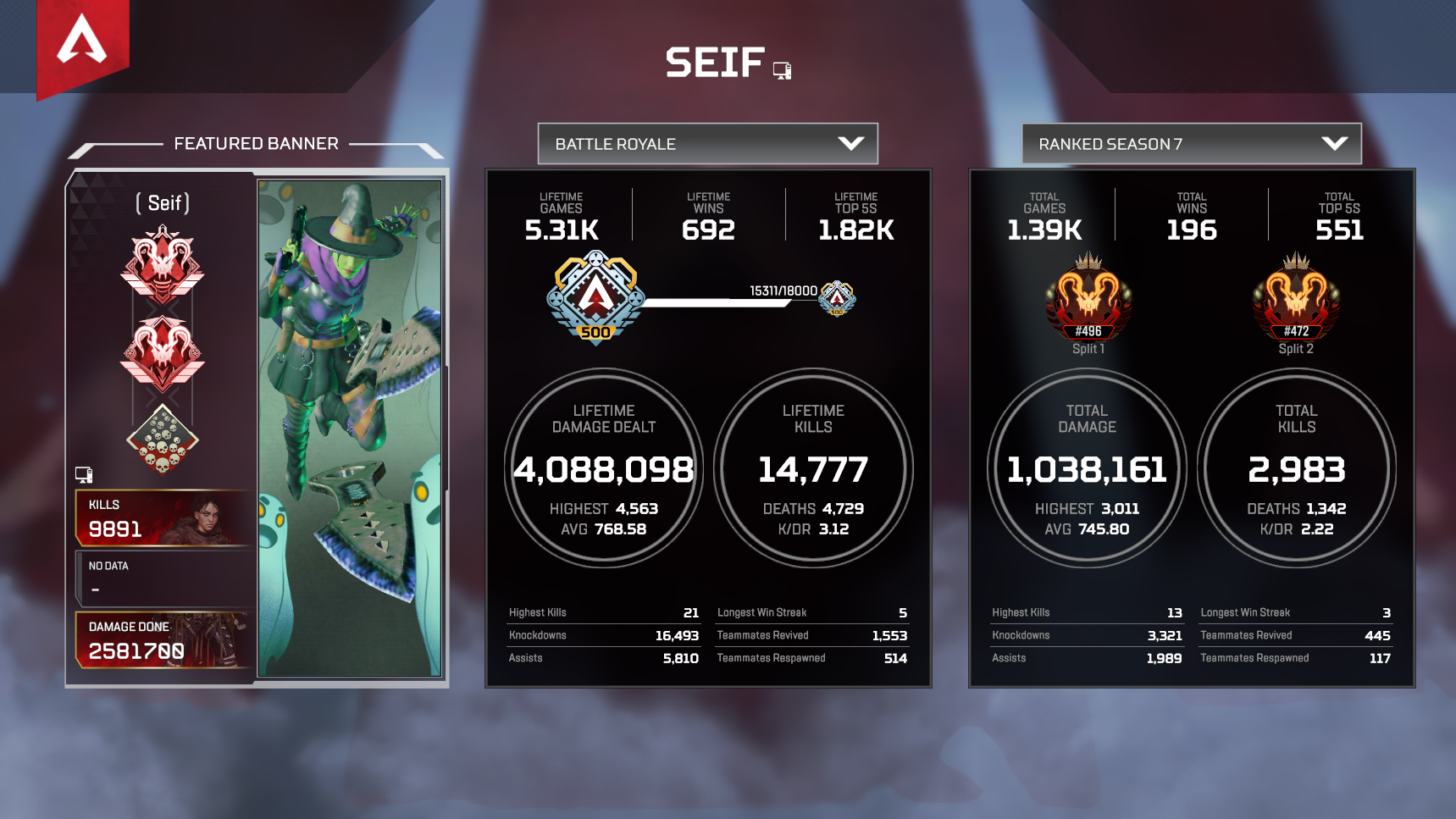 SOLD Selling Apex 3X Predator Account 15k Kills 100 Legendery skins