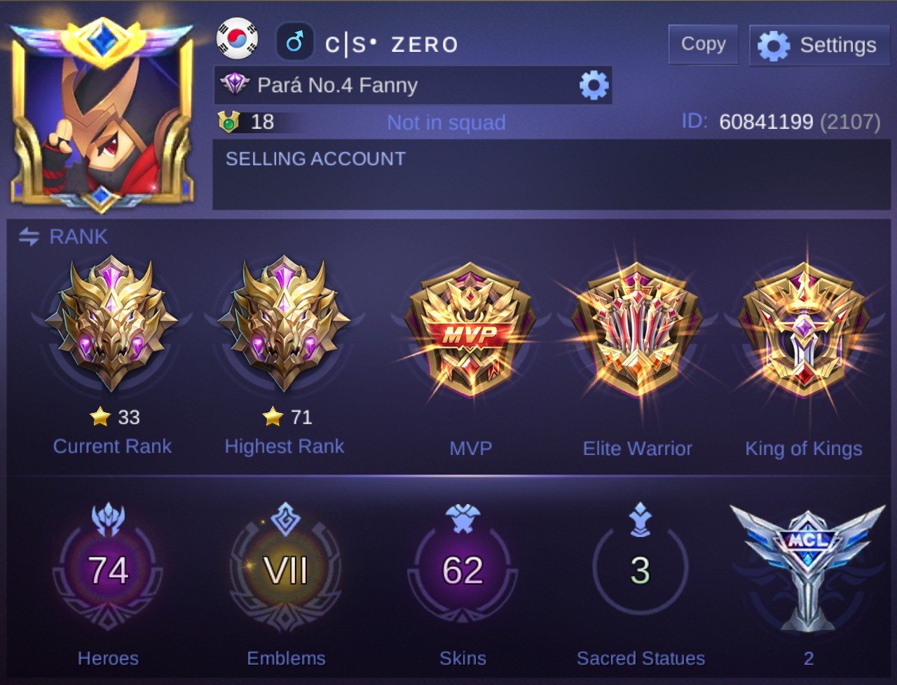 Selling Mobile Legends Account Highest Mythic 71 Starss
