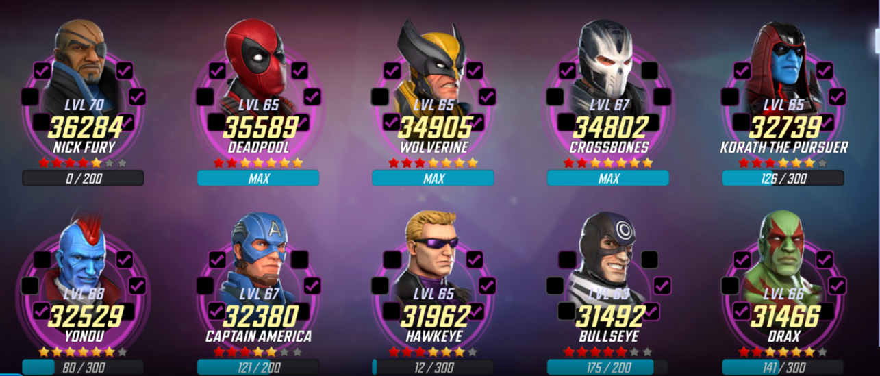 Selling Marvel strike force top account with 1.67 mill ctp and 227k