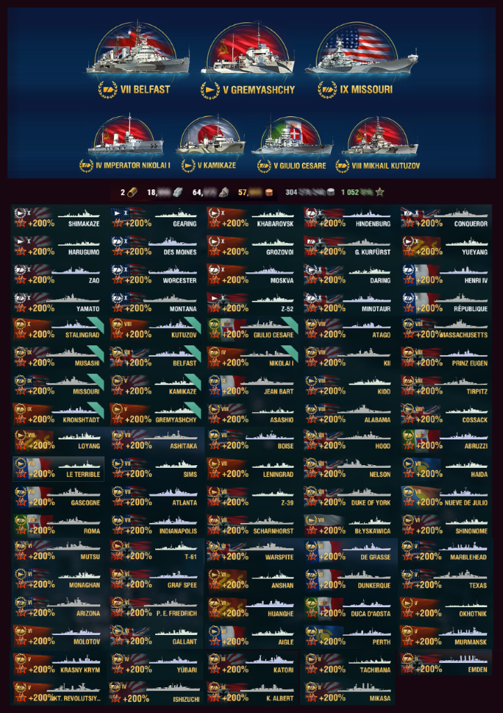 Selling Unique World of Warships EU Account 21x Tier 10 Ships 69x